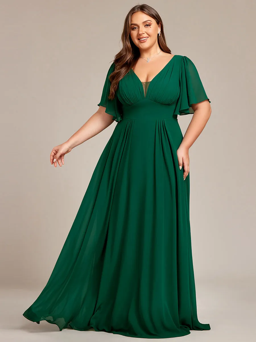 Robe de demoiselle d'honneur longue en mousseline de soie simple manches courtes taille empire ligne a grande taille