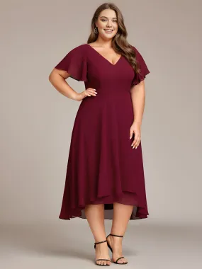 Robe d'invité de mariage en mousseline de soie grande taille avec col en V et manches à volants