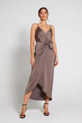 Rosa Tie Side Satin Cami Wrap Dress - Taupe