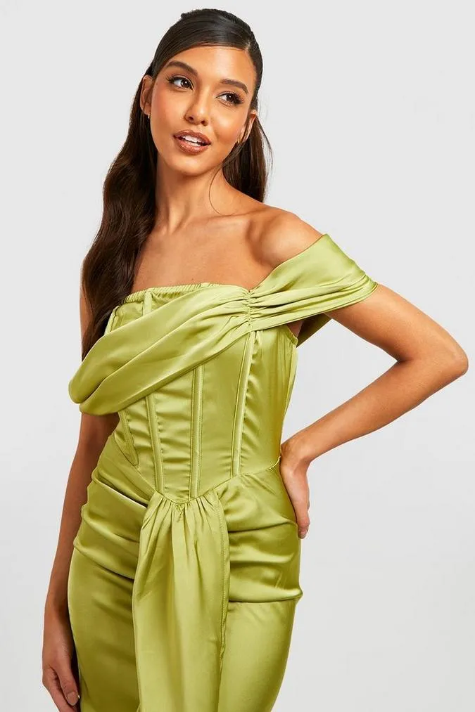 Satin corset bardot drape midi dress in chartreuse