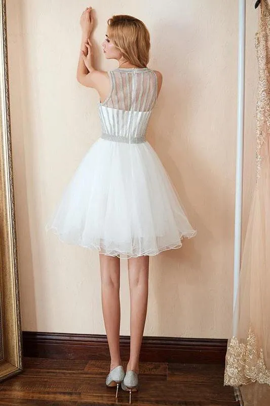 Scoop A Line White Homecoming Dresses Sequins Above Knee Tulle Short Prom Dresses