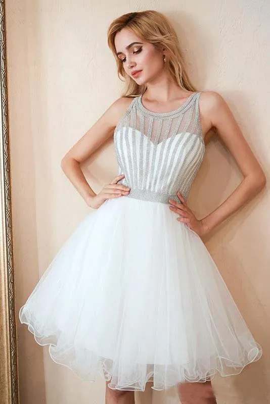 Scoop A Line White Homecoming Dresses Sequins Above Knee Tulle Short Prom Dresses