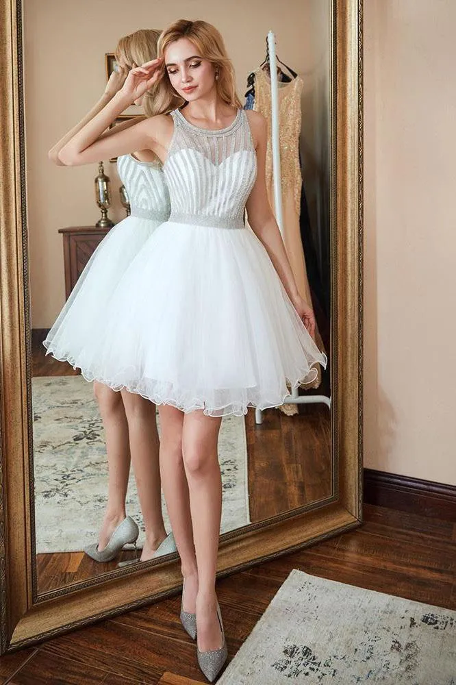 Scoop A Line White Homecoming Dresses Sequins Above Knee Tulle Short Prom Dresses