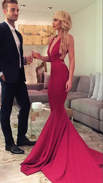 Sexy Red Mermaid Long Prom Dress Formal Evening Dress with Criss Criss Back