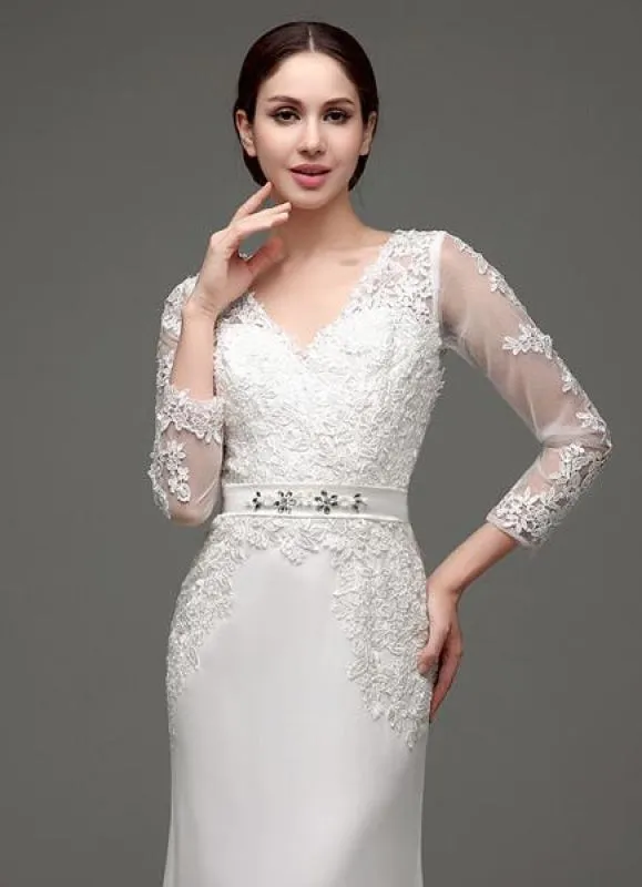 Sheath/Column Long Sleeves Illusion Back V-Neck Bridal Gown With Rhinestone Sash