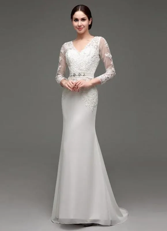 Sheath/Column Long Sleeves Illusion Back V-Neck Bridal Gown With Rhinestone Sash