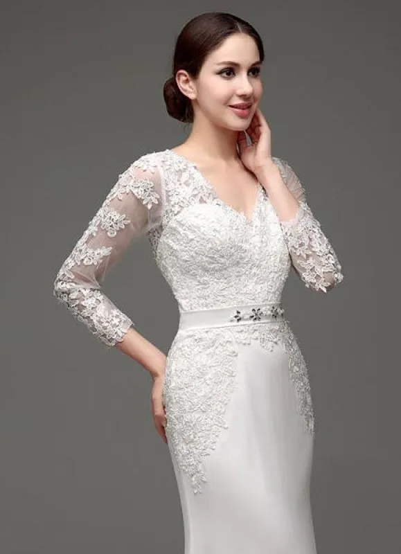 Sheath/Column Long Sleeves Illusion Back V-Neck Bridal Gown With Rhinestone Sash