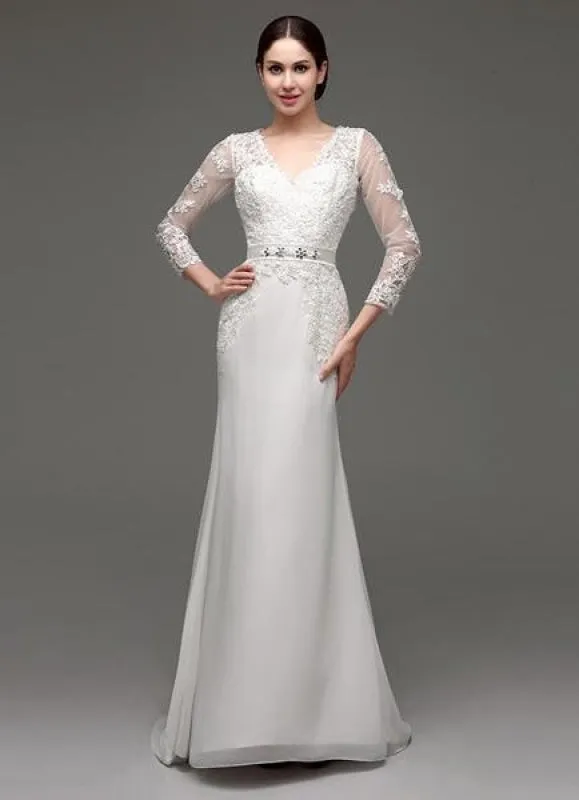 Sheath/Column Long Sleeves Illusion Back V-Neck Bridal Gown With Rhinestone Sash