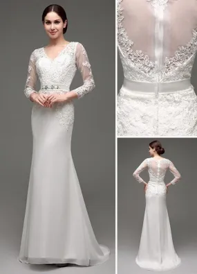 Sheath/Column Long Sleeves Illusion Back V-Neck Bridal Gown With Rhinestone Sash