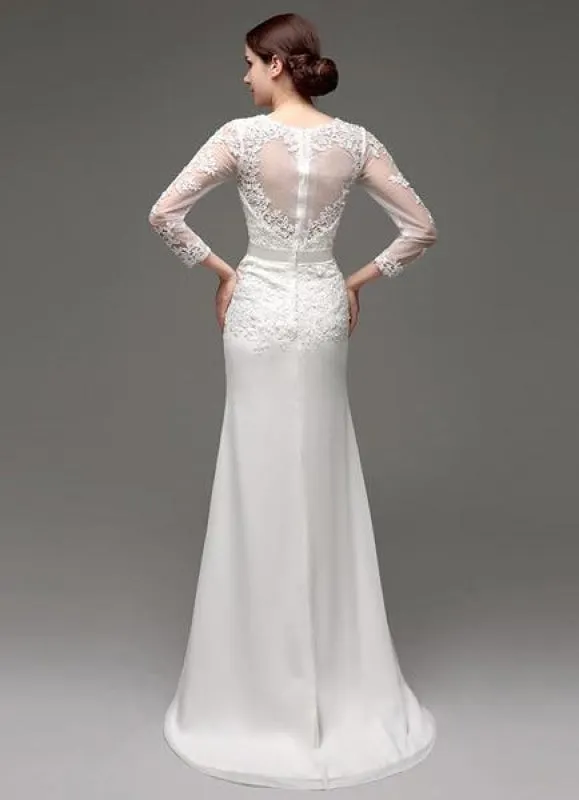 Sheath/Column Long Sleeves Illusion Back V-Neck Bridal Gown With Rhinestone Sash