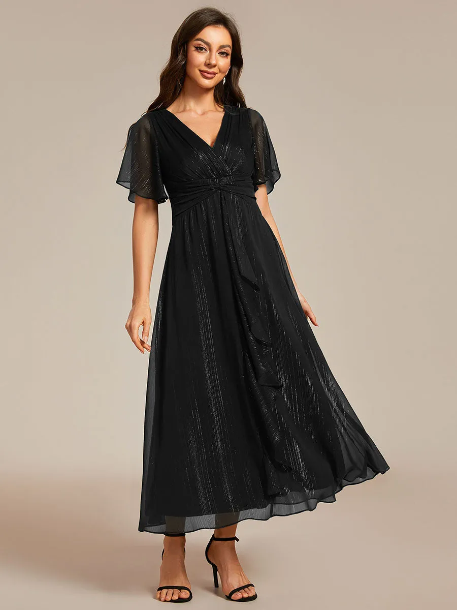 Shimmer V Neck Tea Length Wedding Guest Dress With Short Sleeves