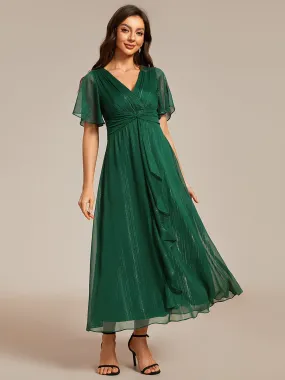 Shimmer V Neck Tea Length Wedding Guest Dress With Short Sleeves