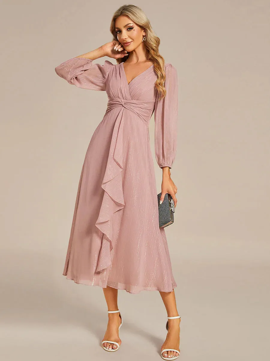 Shiny Chiffon Wedding Guest Evening Dresses with Long Sleeve