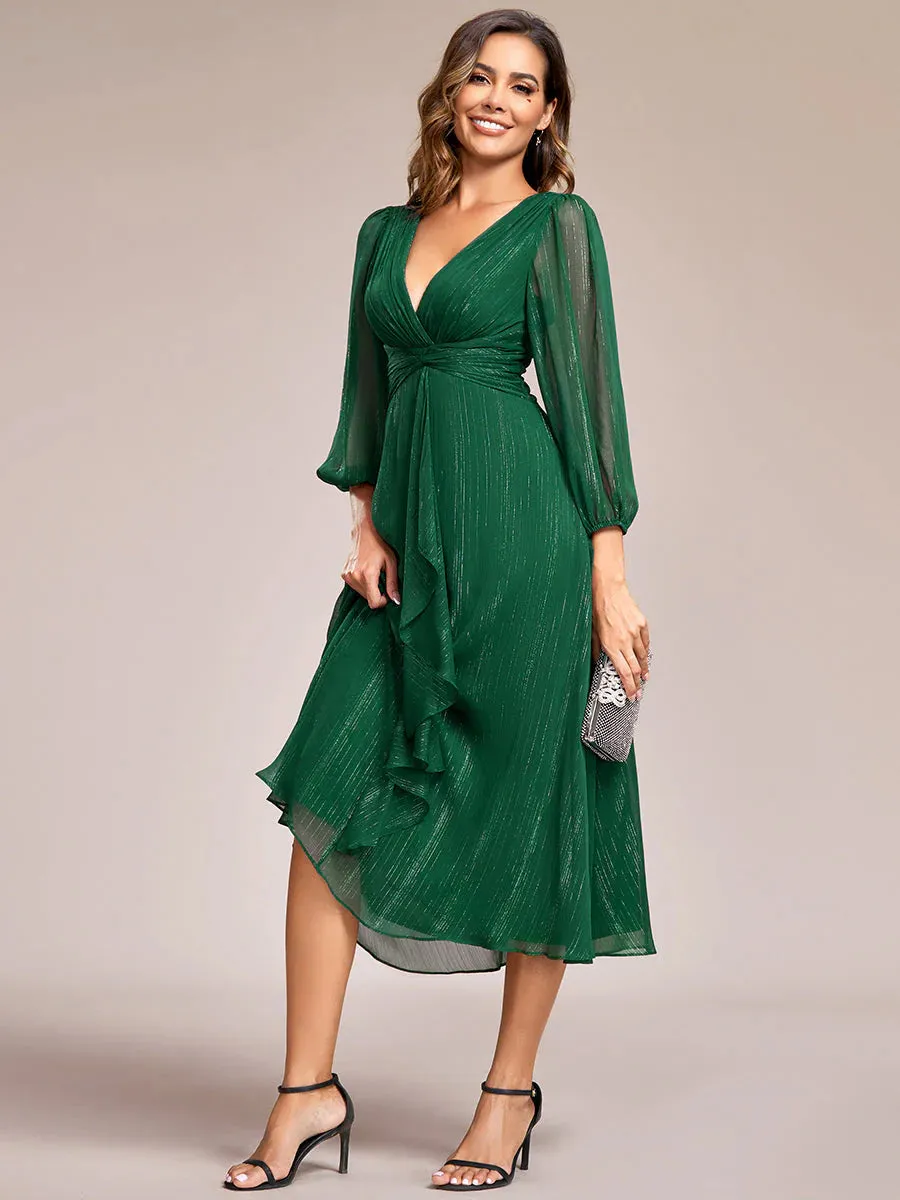 Shiny Chiffon Wedding Guest Evening Dresses with Long Sleeve