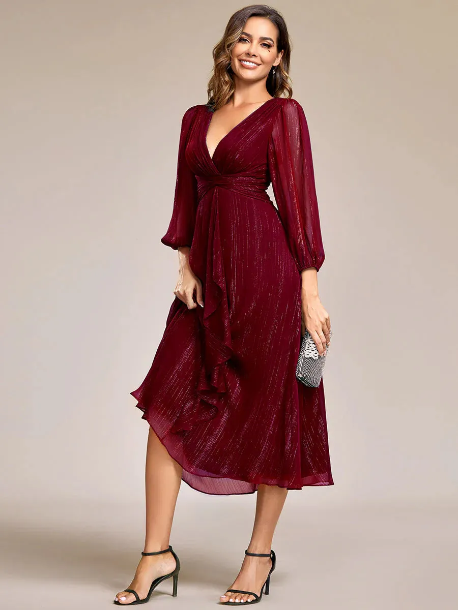 Shiny Chiffon Wedding Guest Evening Dresses with Long Sleeve