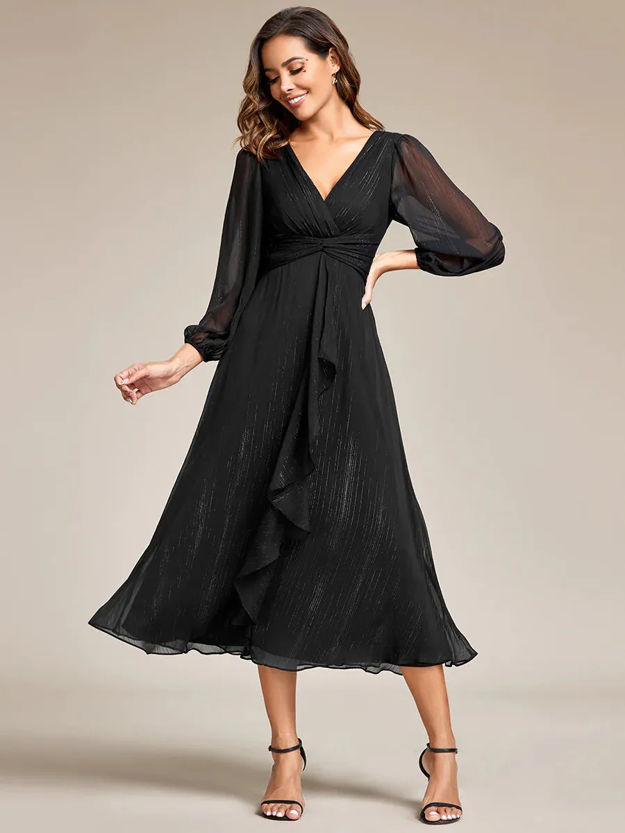 Shiny Chiffon Wedding Guest Evening Dresses with Long Sleeve