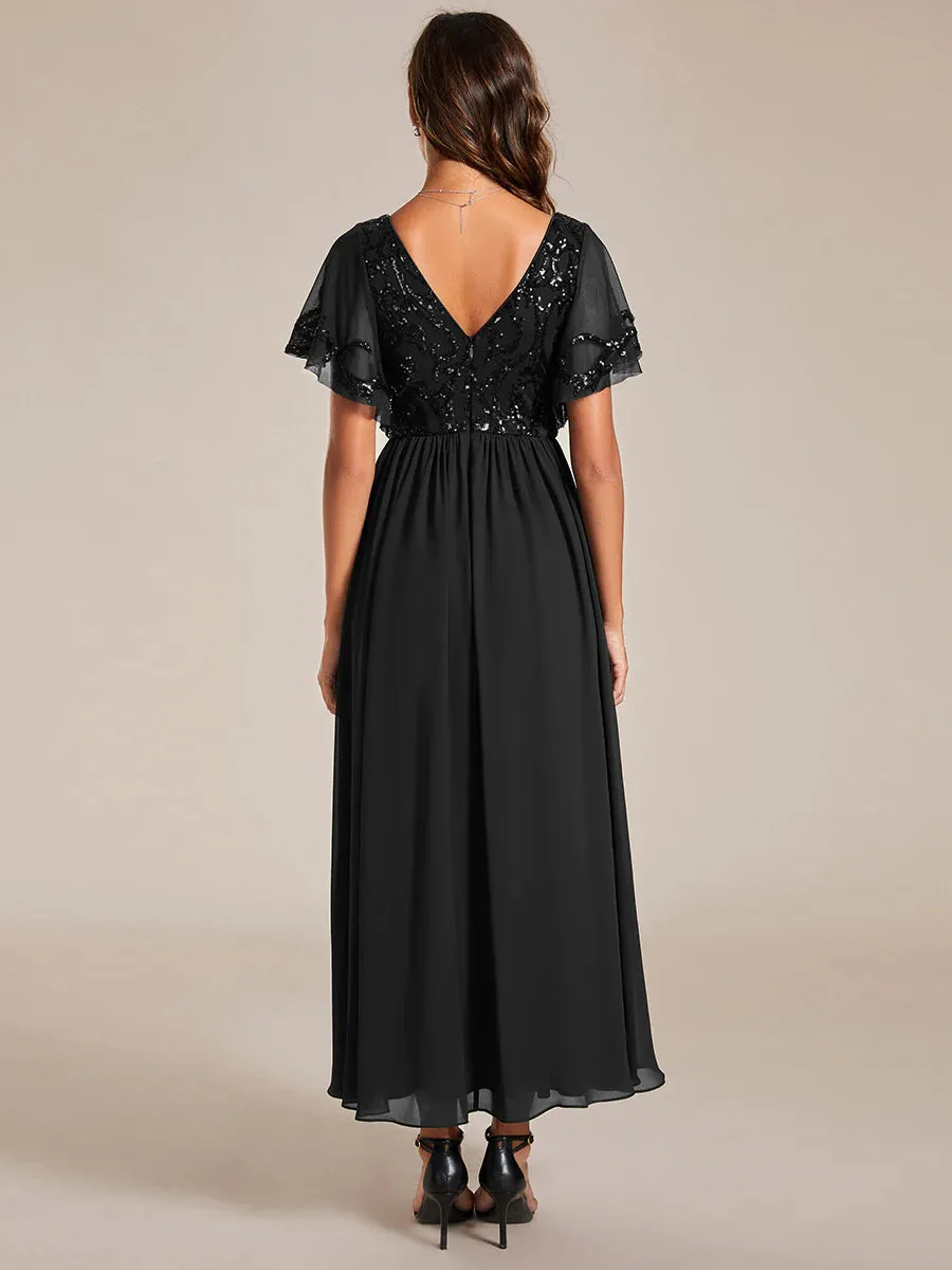 Short Ruffles Sleeves V Neck Mother of the Bride Dresses