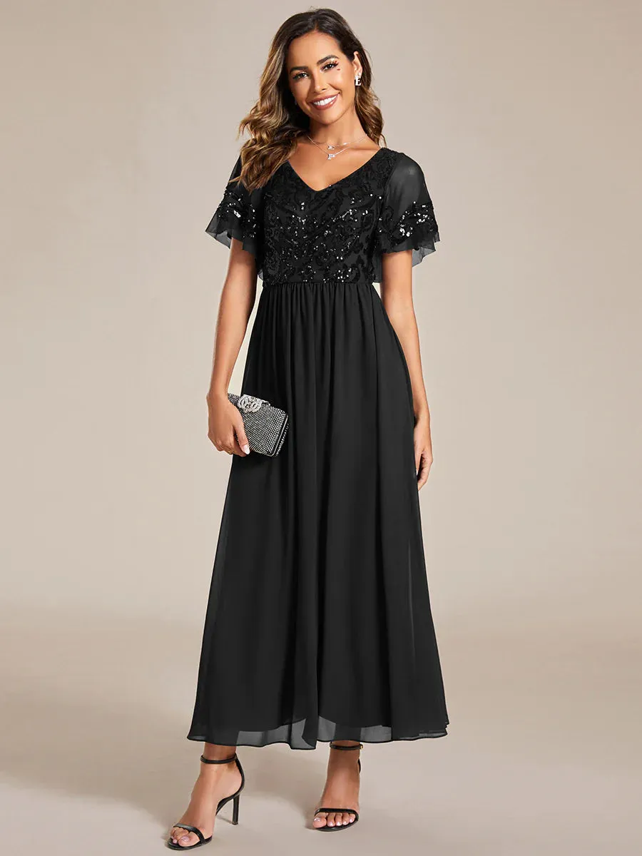 Short Ruffles Sleeves V Neck Mother of the Bride Dresses