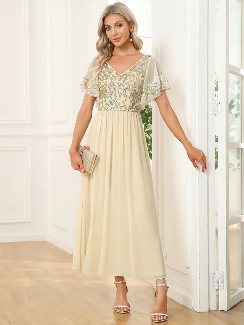 Short Ruffles Sleeves V Neck Mother of the Bride Dresses