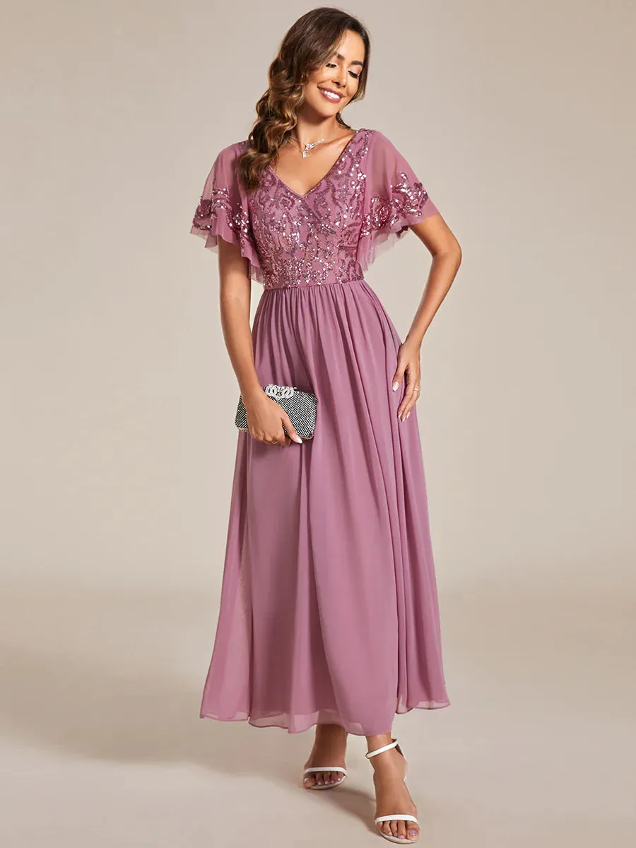 Short Ruffles Sleeves V Neck Mother of the Bride Dresses