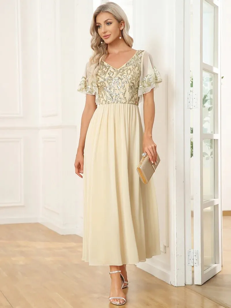 Short Ruffles Sleeves V Neck Mother of the Bride Dresses