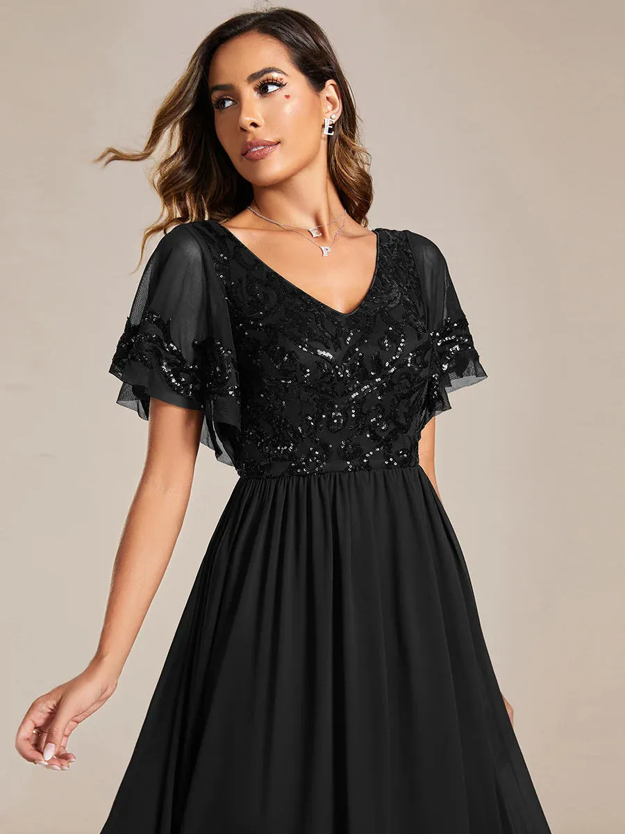 Short Ruffles Sleeves V Neck Mother of the Bride Dresses