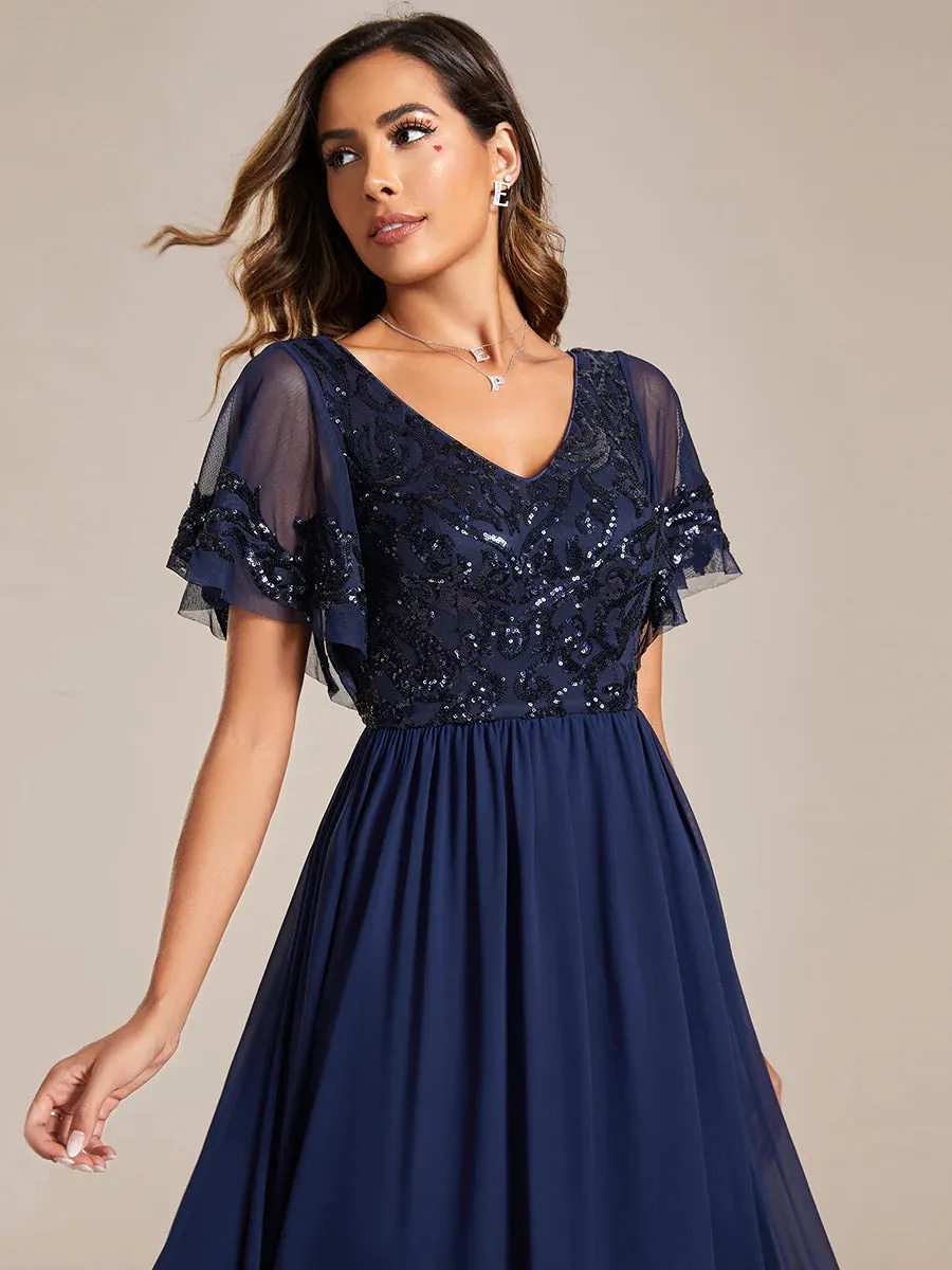 Short Ruffles Sleeves V Neck Mother of the Bride Dresses