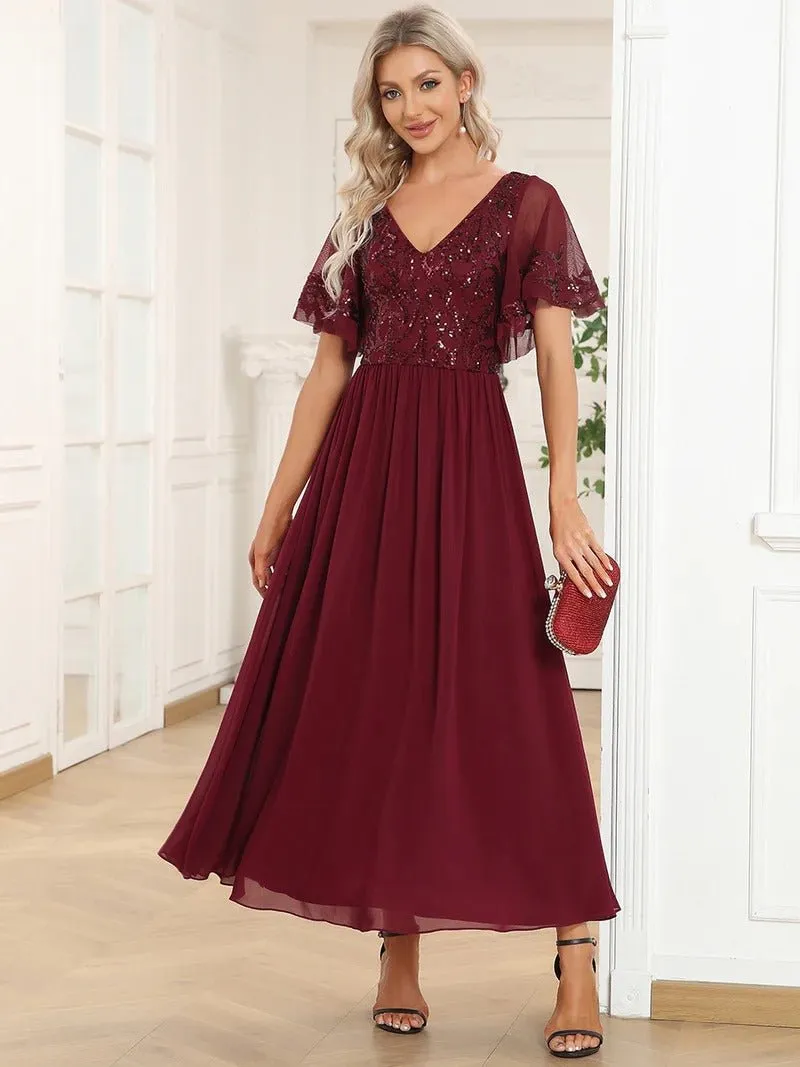 Short Ruffles Sleeves V Neck Mother of the Bride Dresses