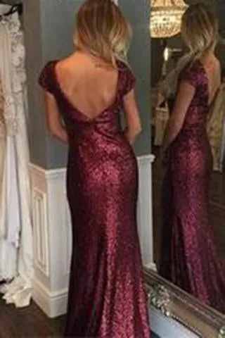 Short Sleeve Mermaid Sexy Pretty Women Sequin Custom Make Long Cheap Prom Dresses