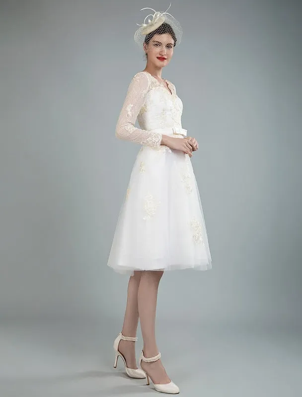 Short Wedding Dress Tulle Knee Length V Neck Long Sleeves A Line Natural Waist Bridal Gowns Exclusive