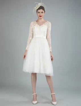 Short Wedding Dress Tulle Knee Length V Neck Long Sleeves A Line Natural Waist Bridal Gowns Exclusive