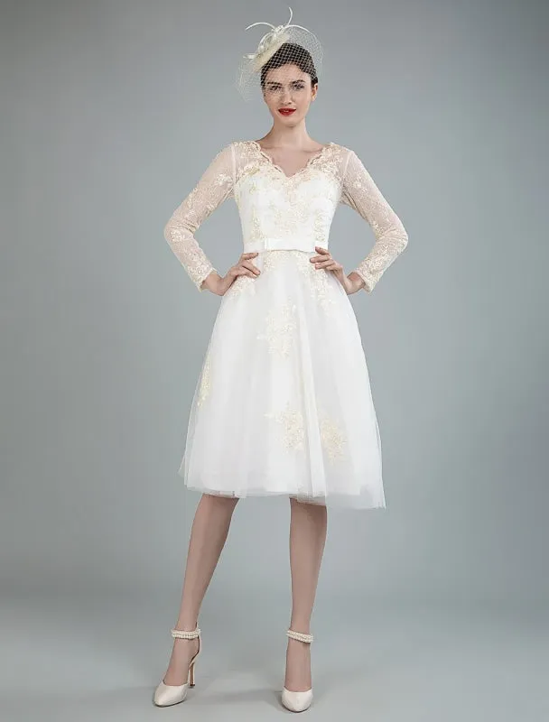 Short Wedding Dress Tulle Knee Length V Neck Long Sleeves A Line Natural Waist Bridal Gowns Exclusive