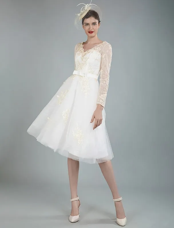 Short Wedding Dress Tulle Knee Length V Neck Long Sleeves A Line Natural Waist Bridal Gowns Exclusive