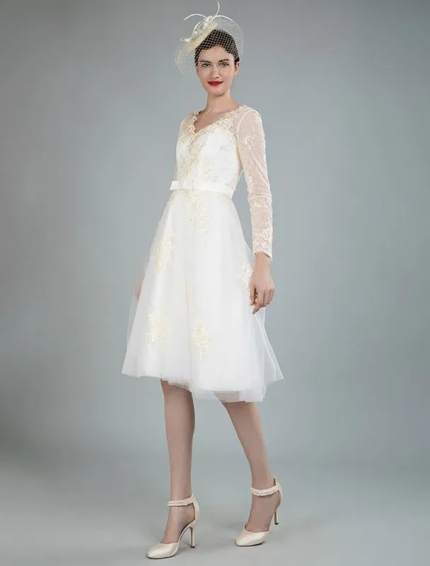 Short Wedding Dress Tulle Knee Length V Neck Long Sleeves A Line Natural Waist Bridal Gowns Exclusive