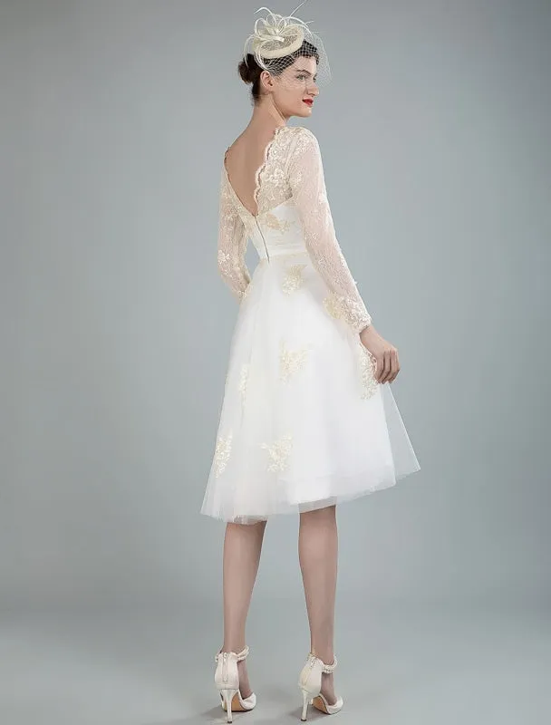 Short Wedding Dress Tulle Knee Length V Neck Long Sleeves A Line Natural Waist Bridal Gowns Exclusive