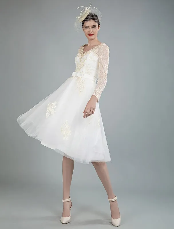 Short Wedding Dress Tulle Knee Length V Neck Long Sleeves A Line Natural Waist Bridal Gowns Exclusive