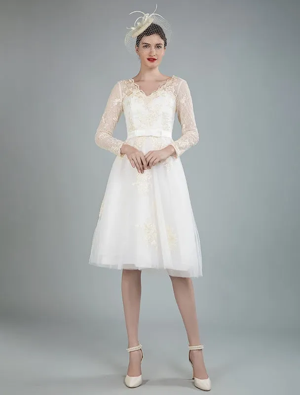 Short Wedding Dress Tulle Knee Length V Neck Long Sleeves A Line Natural Waist Bridal Gowns Exclusive