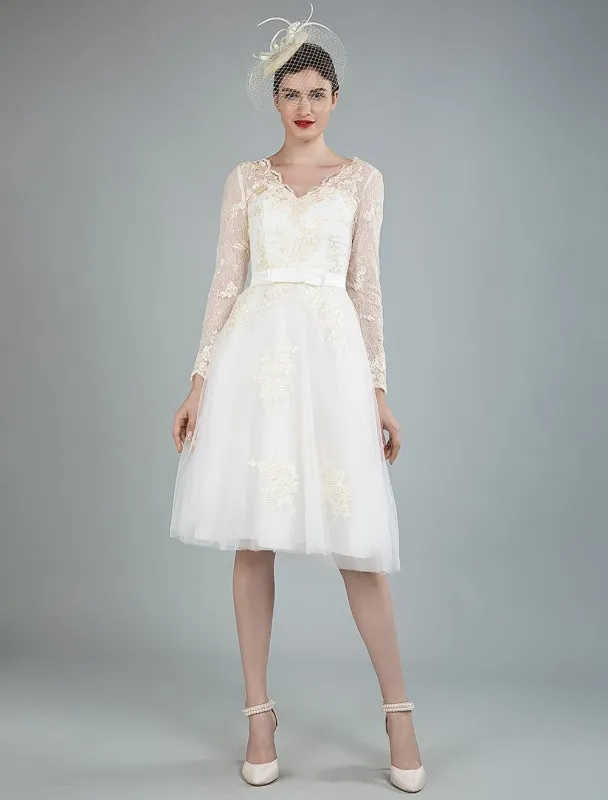 Short Wedding Dress Tulle Knee Length V Neck Long Sleeves A Line Natural Waist Bridal Gowns Exclusive