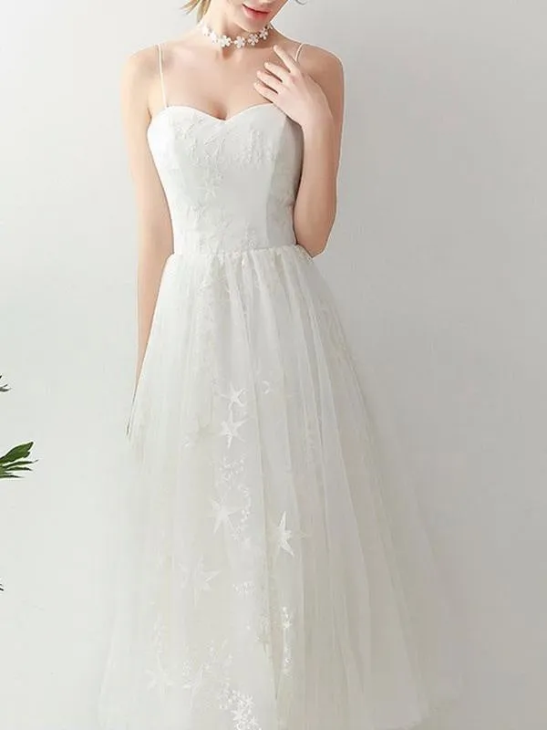 Short Wedding Dress2021 A Line Sweetheart Neck Sleeveless Tea Length Natural Waist Tulle Bridal Dresses