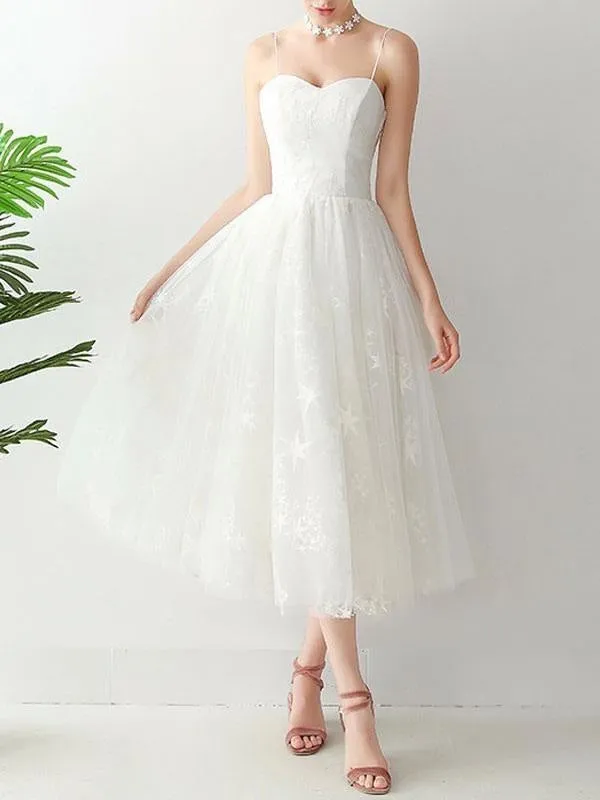 Short Wedding Dress2021 A Line Sweetheart Neck Sleeveless Tea Length Natural Waist Tulle Bridal Dresses