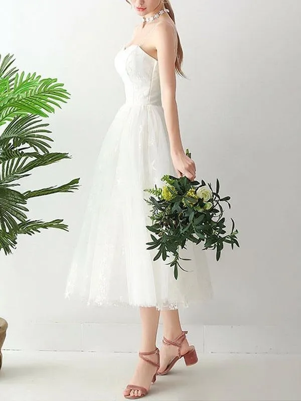 Short Wedding Dress2021 A Line Sweetheart Neck Sleeveless Tea Length Natural Waist Tulle Bridal Dresses