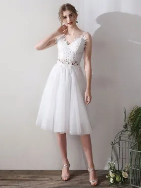 Short Wedding Dresses V Neck Sleeveless A Line Natural Tea Length Waist Organza Bridal Dresses