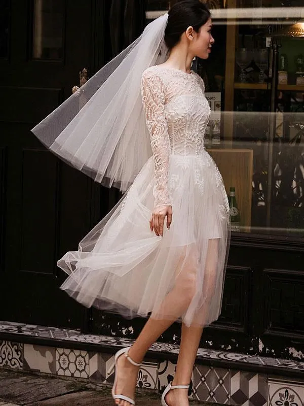 Short Wedding Dresses White Lace Long Sleeve Illusion Tea Length Bridal Dress