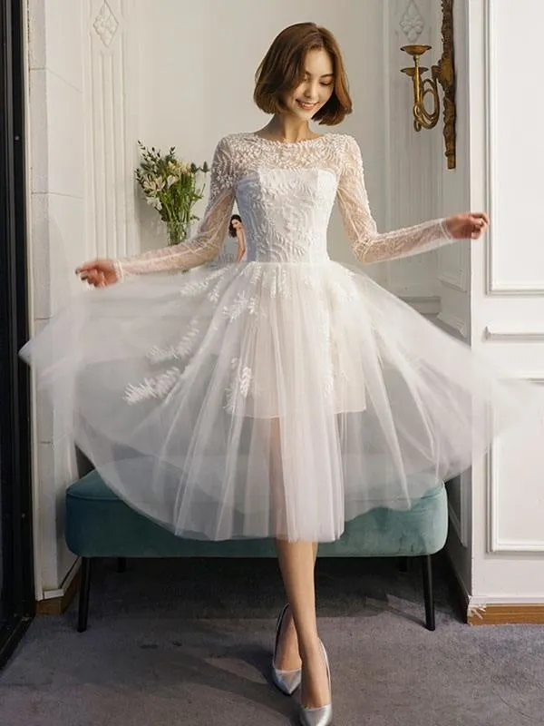 Short Wedding Dresses White Lace Long Sleeve Illusion Tea Length Bridal Dress