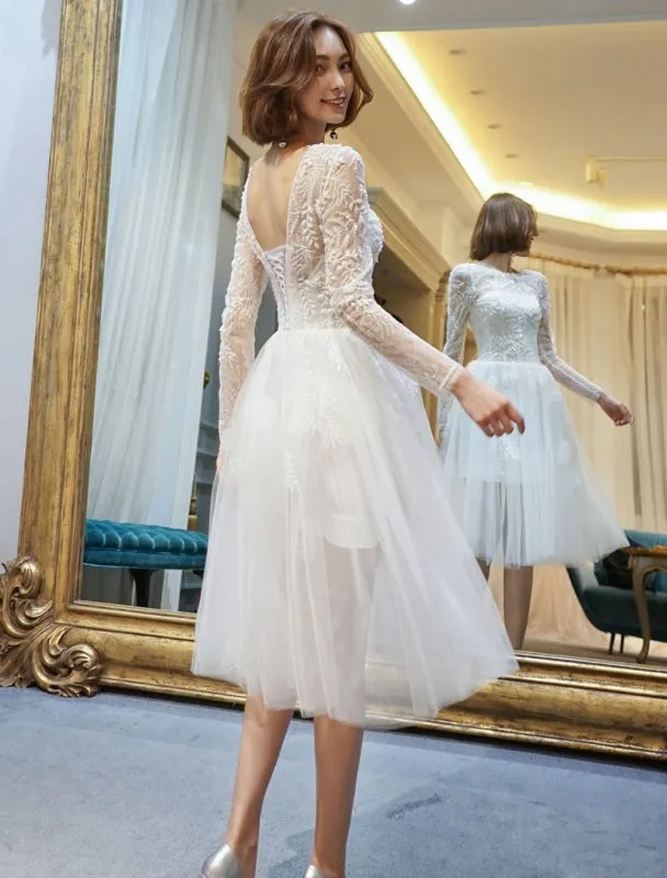 Short Wedding Dresses White Lace Long Sleeve Illusion Tea Length Bridal Dress