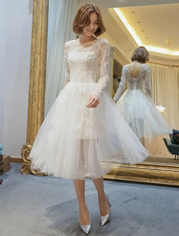 Short Wedding Dresses White Lace Long Sleeve Illusion Tea Length Bridal Dress