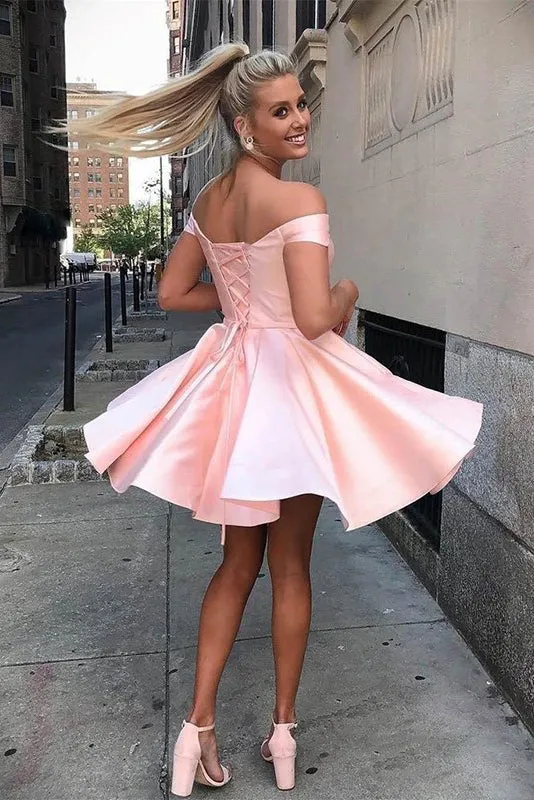 Simple Short Prom Dresses A-Line Satin Off-Shoulder Homecoming Dresses