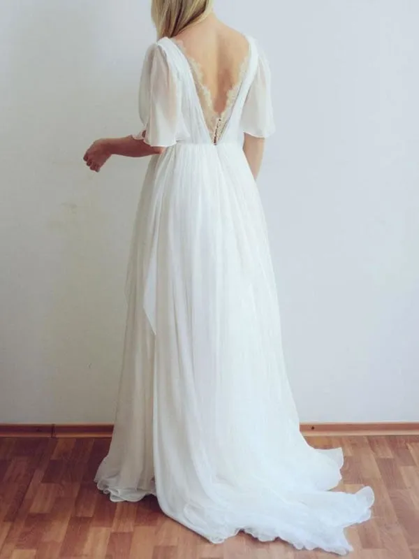 Simple Wedding Dress A Line Chiffon V Neck Half Sleeves Pleated Floor Length With Train Bridal Dresses