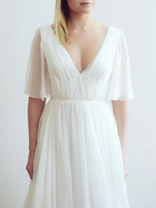 Simple Wedding Dress A Line Chiffon V Neck Half Sleeves Pleated Floor Length With Train Bridal Dresses