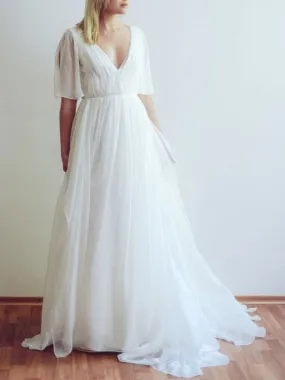 Simple Wedding Dress A Line Chiffon V Neck Half Sleeves Pleated Floor Length With Train Bridal Dresses